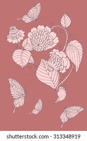 vector pink  invitation card for wedding and birthday party in chinoiserie style with butterflies