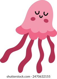 Vector de medusa rosa. Bajo el mar ilustración con linda divertida medusa. Clipart de animales oceánicos. Dibujos animados bajo el agua o arte de Clip marino para niños aislados sobre fondo blanco
