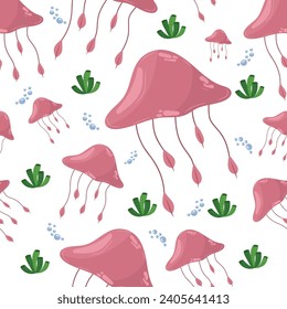 Vector pink jellyfish pattern on isolated white background. Sea theme. For kids textiles, wallpaper, packaging paper.