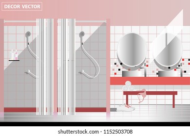 Vector Pink Lady Bathroom For A Girl In A Dorm. Locker Room. Back To School Or A Bath Room Gym.