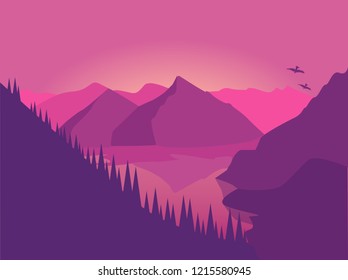 Vector pink landscape with silhouettes of misty mountains and hills and trees
