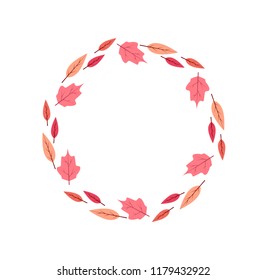 vector pink leaves circle frame, autumn illustration