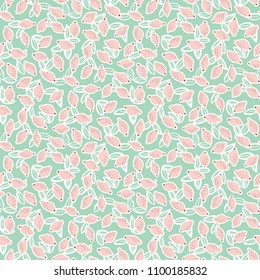 Vector pink lemons and white leaves on mint background ditsy seamless pattern