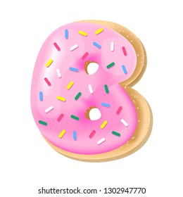 Vector pink letter B from donut alphabet. Sweet tasty cookie font. Food illustration 