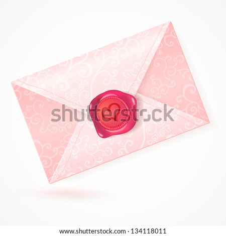 Vector pink letter with doodles texture and romantic wax seal with heart sign