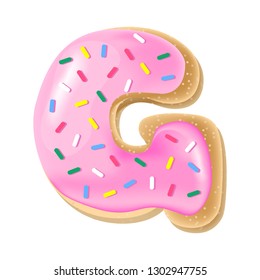 Vector pink letter G from donut alphabet. Sweet tasty cookie font. Food illustration
