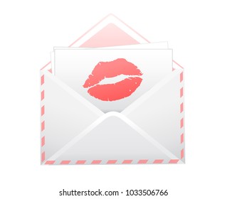 Vector pink letter with the imprint of a red kiss