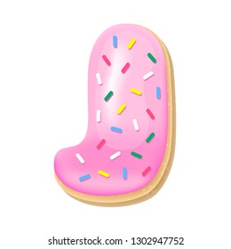 Vector pink letter J from donut alphabet. Sweet tasty cookie font. Food illustration