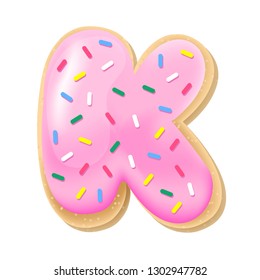 Vector pink letter K from donut alphabet. Sweet tasty cookie font. Food illustration 