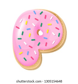 Vector pink letter P from donut alphabet. Sweet tasty cookie font. Food illustration