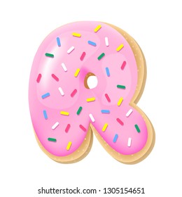 Vector pink letter R from donut alphabet. Sweet tasty cookie font. Food illustration