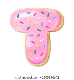 Vector pink letter T from donut alphabet. Sweet tasty cookie font. Food illustration