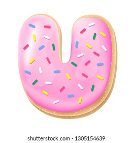 Vector pink letter U from donut alphabet. Sweet tasty cookie font. Food illustration 