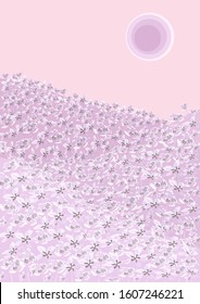 Vector pink and lilac colored dreamy illustration. Beautiful Lavender meadow Hills and Pink sky. Sunset or sunrise inspirational picture. Spring Nature landscape concept background.