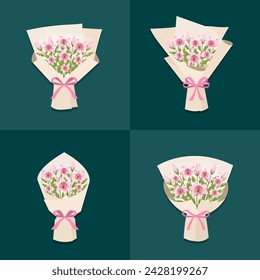 Vector pink lily flower bouquet isolated set with ribbon