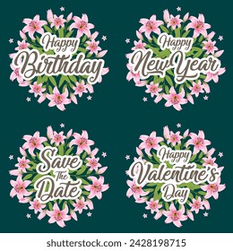 Tarjeta de felicitación de la flor del lirio rosa del vector y plantilla de invitación para el cumpleaños o el día de San Valentín y feliz año nuevo.