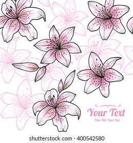 Vector pink  lily  flowers frame corner pattern . Invitation or greeting card design.Vector illustration