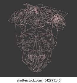 vector pink line low poly skull with wreath on gray background