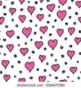 Vector pink, line work hearts on a white background seamless pattern. Hand drawn, fun and lighthearted design. Perfect for fabric, wallpaper, scrapbooking and stationery.