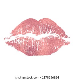 Vector pink lip imprint with rose golden texture isolated on white background. Decorative element for print or design.