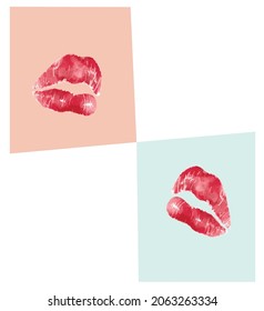 Vector pink lip print with pink gold texture highlighted on blue and salmon color background. Decorative element for printing or design.