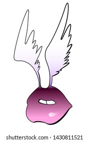 Vector pink lips with white wings on the white background.