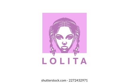 Vector pink logo. Portrait of a beautiful pleasant cute girl with pigtails and the inscription Lolita. White isolated background. Sticker, icon or emblem.