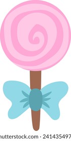 Vector pink lollypop on stick decorated with blue bow. Fairytale themed birthday dessert. Cute magic candy bar design element. Sweet caramel icon
