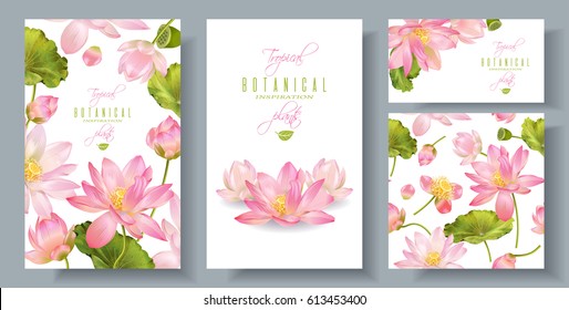 Vector pink lotus banners set with seamless pattern on white background. Romantic tender floral design for wedding invitation, natural cosmetics, spa, health care , ayurveda products, yoga center