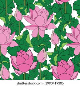 Vector pink lotus flower with green petals seamless pattern background on white surface