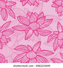 Vector pink lotus flower outlines monochrome repeat pattern 06. Suitable for textile, gift wrap and wallpaper.