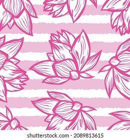 Vector pink lotus flower outlines monochrome repeat pattern with stripes. Suitable for textile, gift wrap and wallpaper.