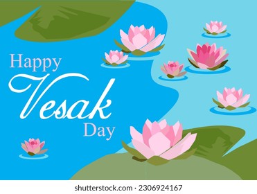 vector pink lotus flowers grow on blue river water and green leaf happy vesak day
