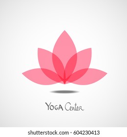 Vector pink lotus logo design template on grey background with yoga center text 