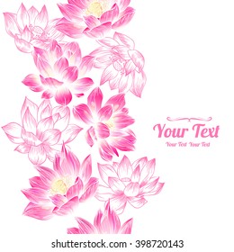 Vector pink  lotuses flowers vertical frame seamless pattern background . Invitation or greeting card design.Vector illustration