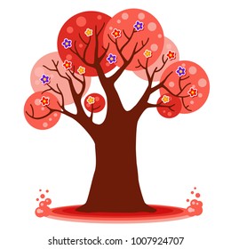 Vector pink love tree with flowers. Cute child summer illustration in a cartoon style. Bright cozy tree. Saint Valentines Day card.