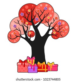 Vector pink love tree with flowers and lots of presents below. Cute child summer illustration in a cartoon style. Bright cozy tree with gift boxex. Saint Valentines Day card.