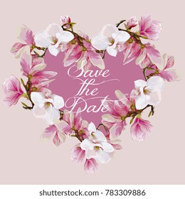 Vector Pink Magnolia Heart Shape Frame Template