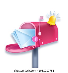 Vector pink mailbox 3D notification illustration, newsletter, envelopes, number one, bell isolated on white. Email, letter delivery postal business concept. Open newsletter mailbox internet web logo