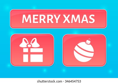 Vector pink merry xmas buttons with gift box and christmass ball for website 