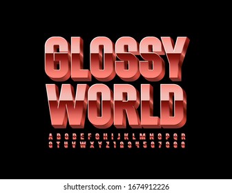 Vector pink metal logo Glossy World with 3D Font. Reflective Alphabet Letters and Numbers