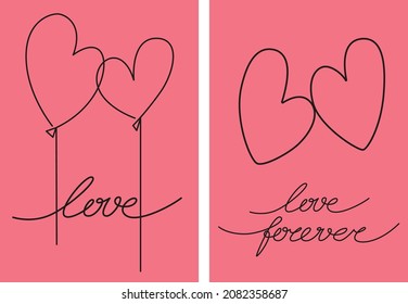 Ilustraciones minimalistas de color rosa vectorial sobre el amor romántico. Corazón lineal, globos, letras. Diseño para tarjetas San Valentín, invitaciones de boda, afiches.