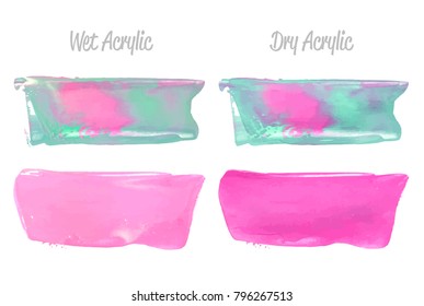 Vector pink and mint paint smear stroke stain set. Abstract glittering textured art illustration. Acrylic Texture Paint Stain Illustration. Hand drawn brush strokes vector elements. Acrilyc strokes.