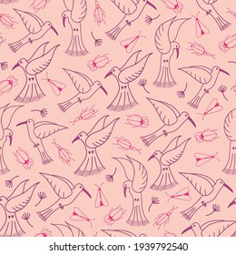 Aves monocromáticas de color rosa vectorial y escarabajos con fondo de patrón sin fisuras. Perfecto para tejidos, papel pintado, raspado, decoración casera u otros proyectos creativos. 