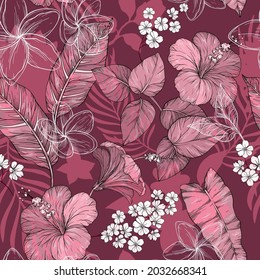 Vector pink monochrome hand draw seamless pattern with tropical flowers, blossom cluster seamless background