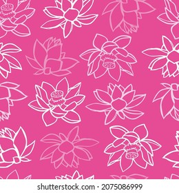 Flores tropicales de loto monocromo rosa vectorial lirio de agua esboza un simple patrón de repetición. Adecuado para textiles, envolvimiento de regalo y papel pintado.