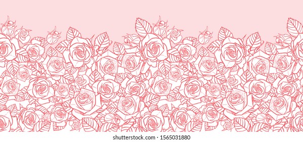 Vector pink monochrome roses and leaves outlines horizontal border. Perfect for greeting cards and invitation cards.