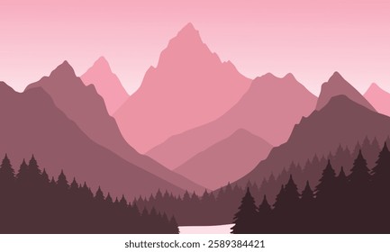 Vector pink mountain landscape with clean sky, calm river and pine trees silhouettes