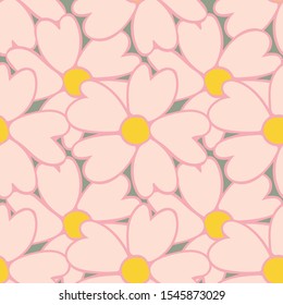 Vector pink and mustard yellow all over daisy floral seamless repeat pattern, perfect for wrapping paper and fabric design for fashion