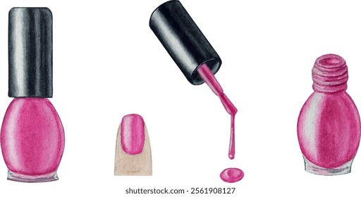 Vector pink nail polish. Watercolor illustration. White background. For your design	